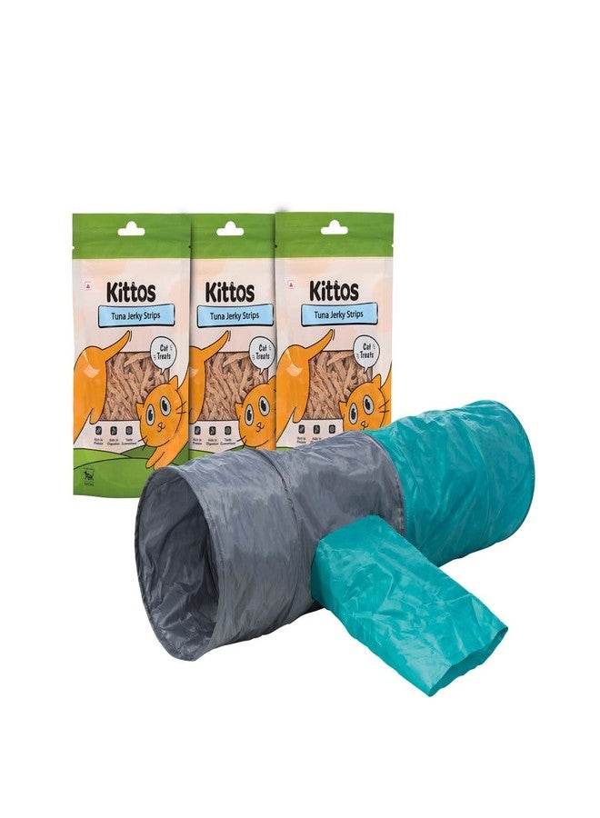 Trixie Combo of Trixie Cat Tunnel for Cats & Kittens, Interactive Cat Tunnel Toy for Indoor & Outdoor Play with 3 Pack Kittos Tuna Jerky Strips Treats 35g Each - Fun Play & Reward Kit - Image 1